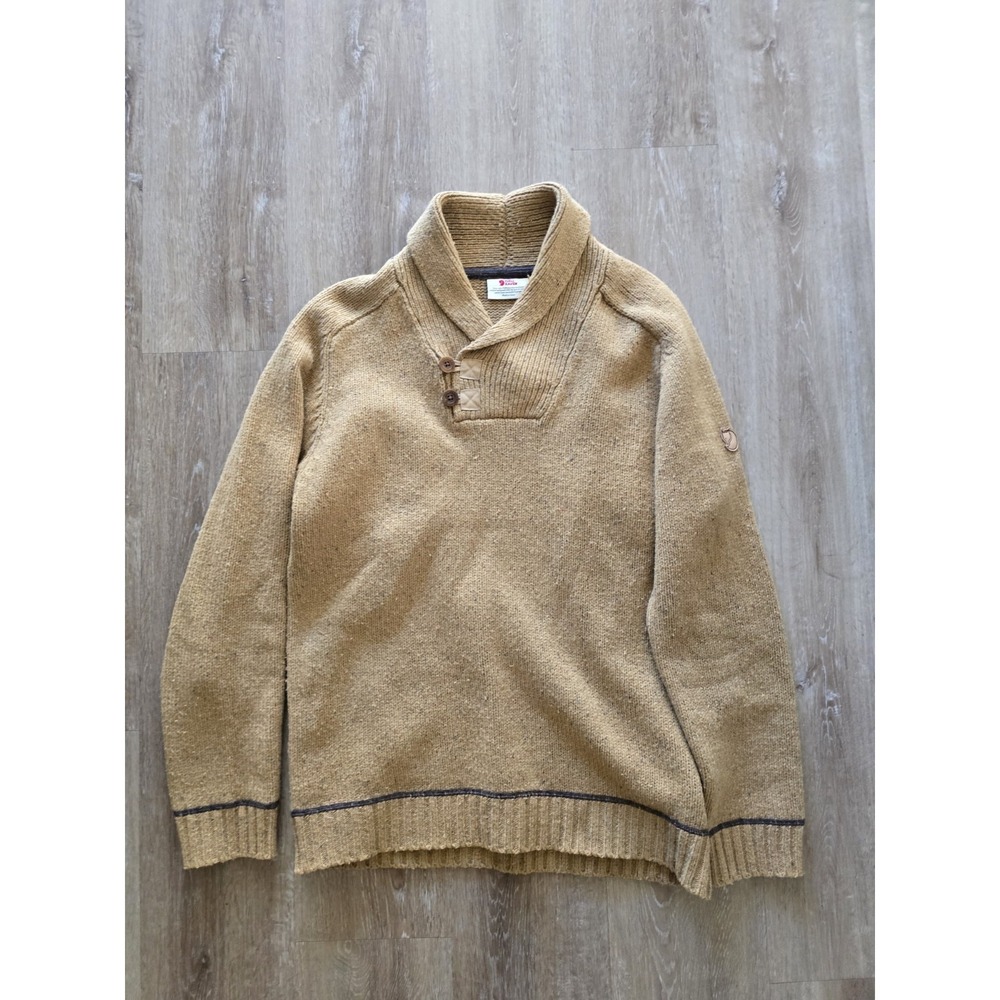Fjallraven Lada Sweater Mens Medium  Brown Mustard Wool Blend Shawl Collar